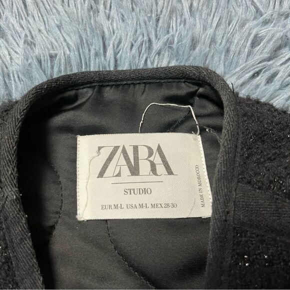 Zara Studio Black Reversible Tweed Oversized Coat Jacket Size M L - Picture 5 of 8